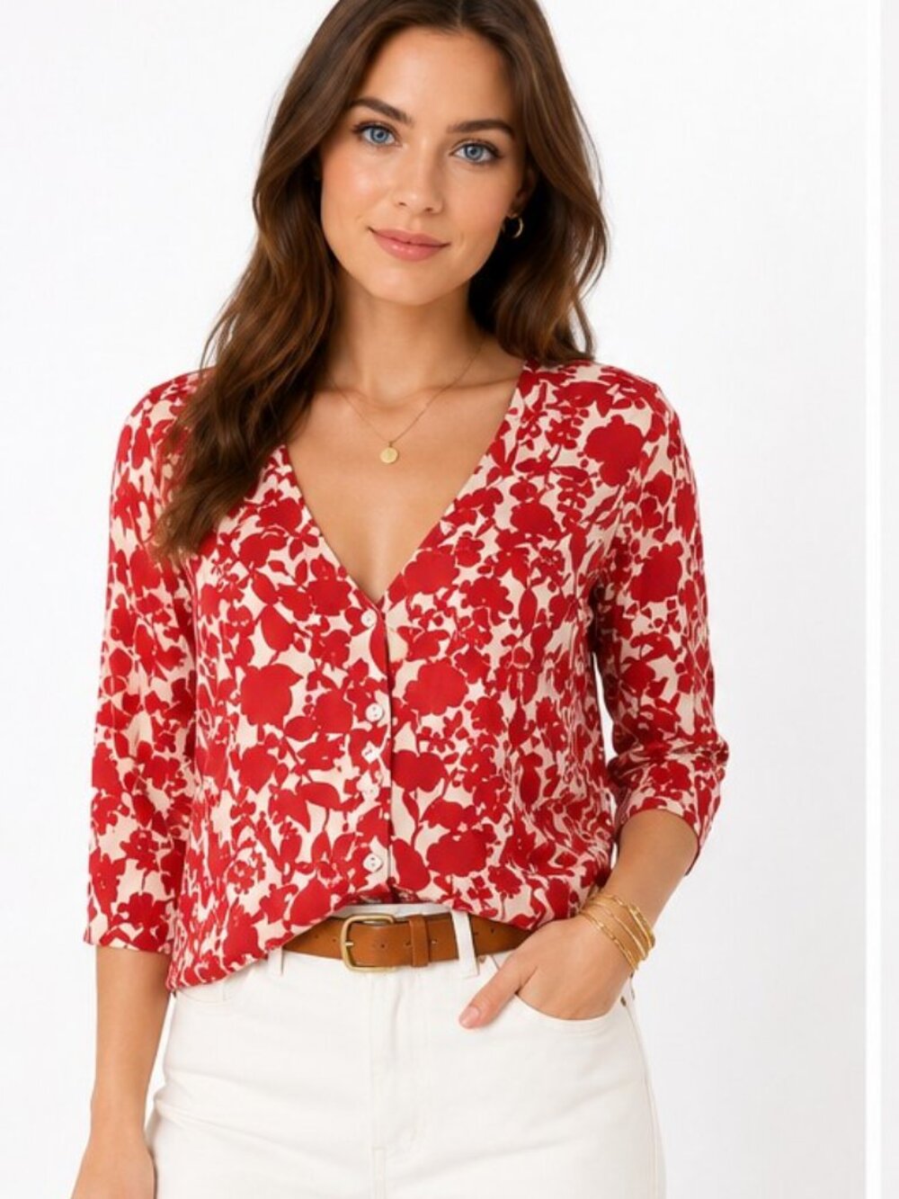 Jillian Jones Red White Floral V-Neck Cardigan Sweater Women's Medium